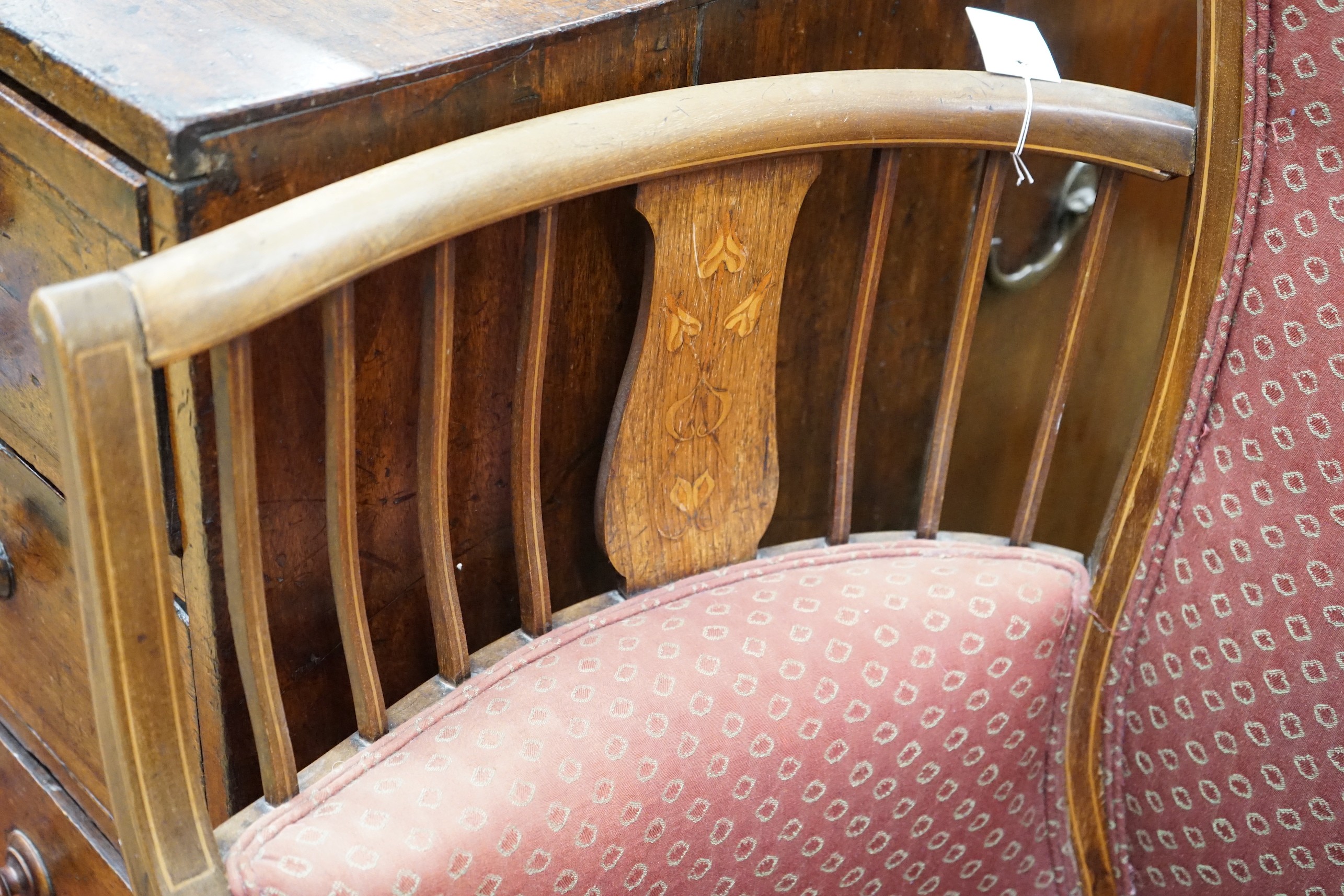 An Edwardian Art Nouveau Mackintosh style inlaid tub framed armchair, width 70cm, depth 50cm, height 114cm